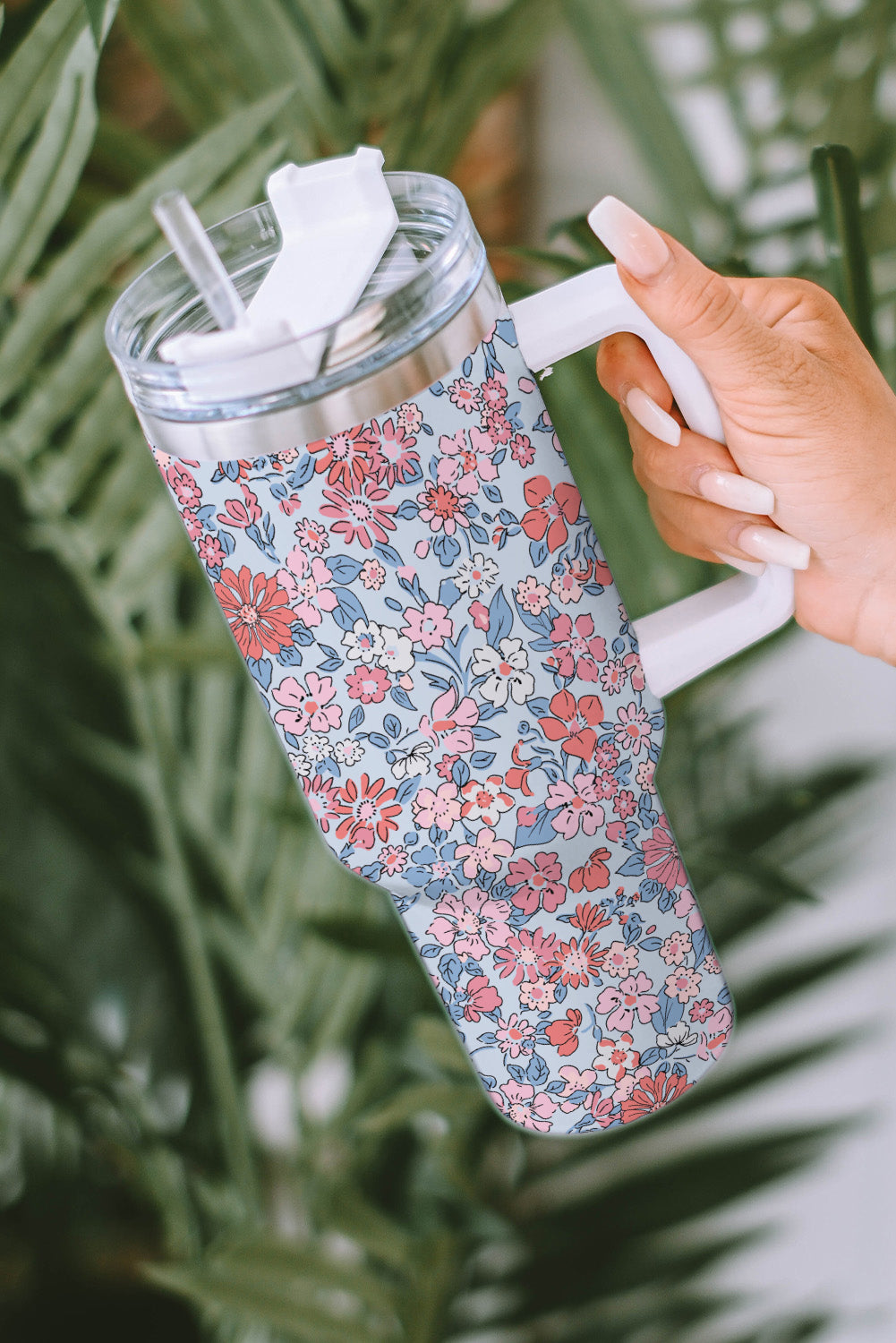 Multicolour Floral Print Handled Stainless Tumbler with Straw