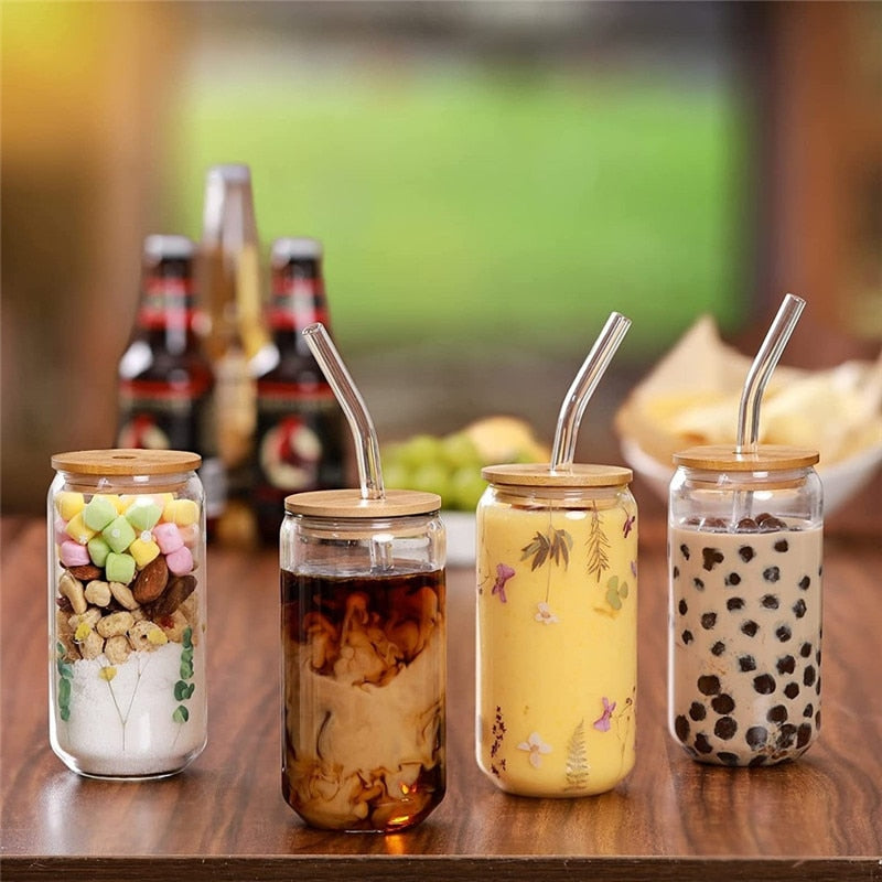 Creative Juice Milk Glass Cup With Lid and Straw Bubble Tea Cup Transparent Beer Coffee Cup High Borosilicate Glass Drinkware