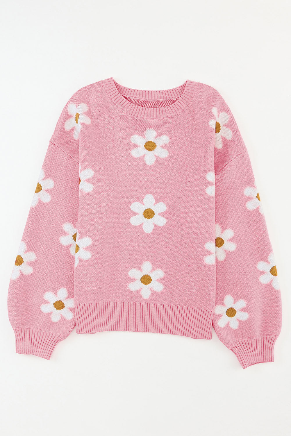 Apricot Floral Pattern Drop Shoulder Pullover Knit Sweater