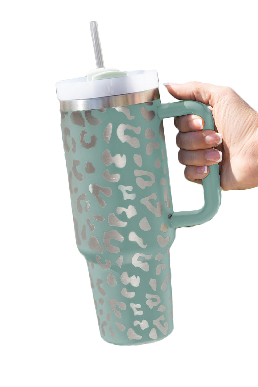 White 40oz Stainless Steel Portable Leopard Tumbler Mug With Handle